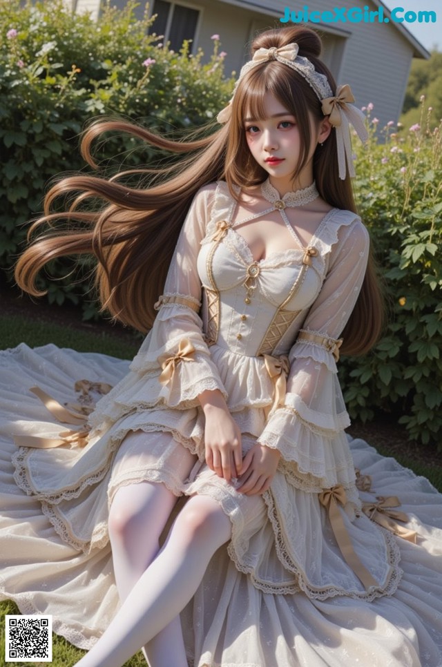 A woman in a white dress sitting on the grass.
