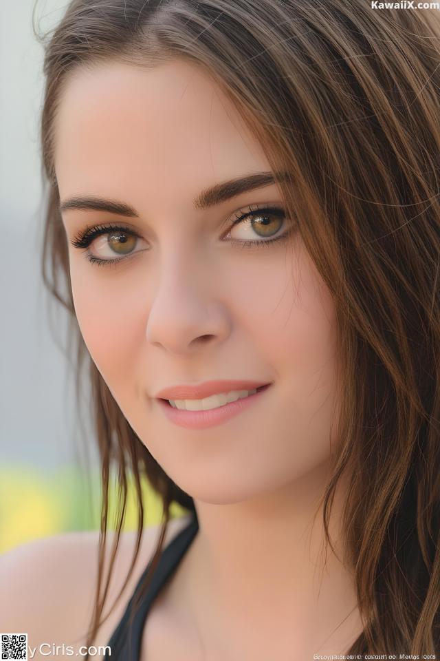 A beautiful young woman with long brown hair posing for a picture.