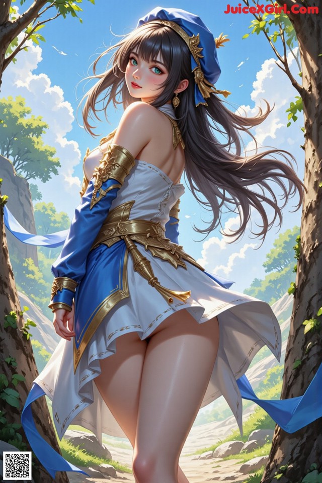 A woman in a blue and white outfit standing in a forest.