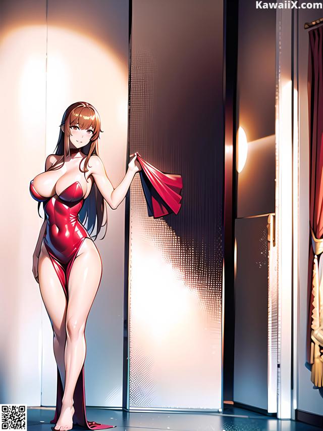 A woman in a red bathing suit standing in front of a door.